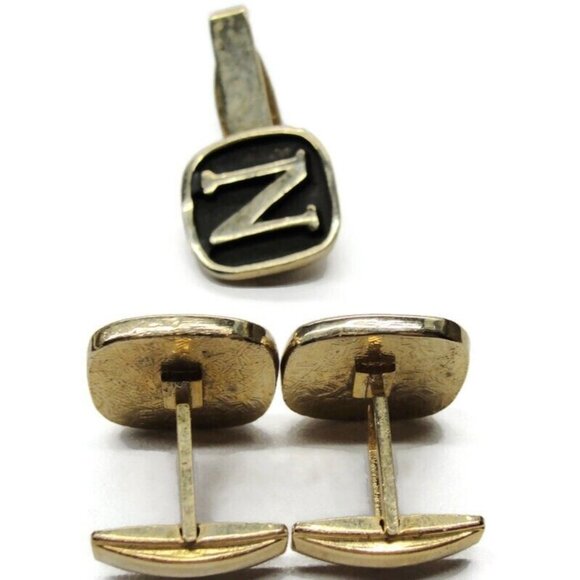 "N" Initial Cufflinks Set w Neck Tie Clip Pat No Black Gold Tone Tux Suit Vtg - Picture 7 of 7